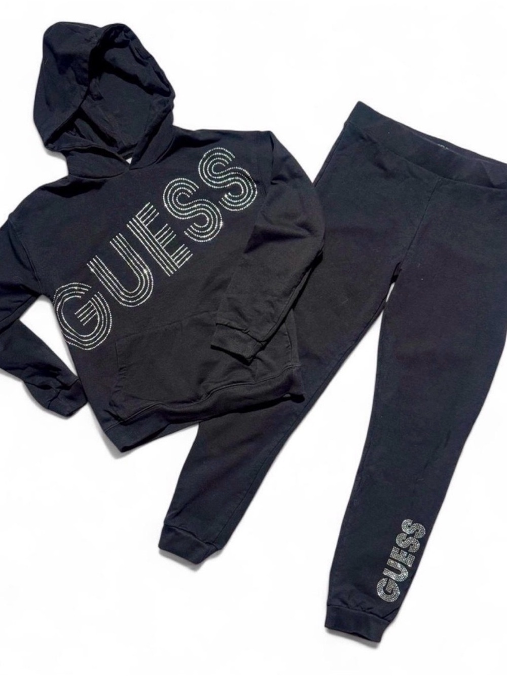 Guess Girls Black Logo Hoodie & Joggers Set with Rhinestone Detail Size 8